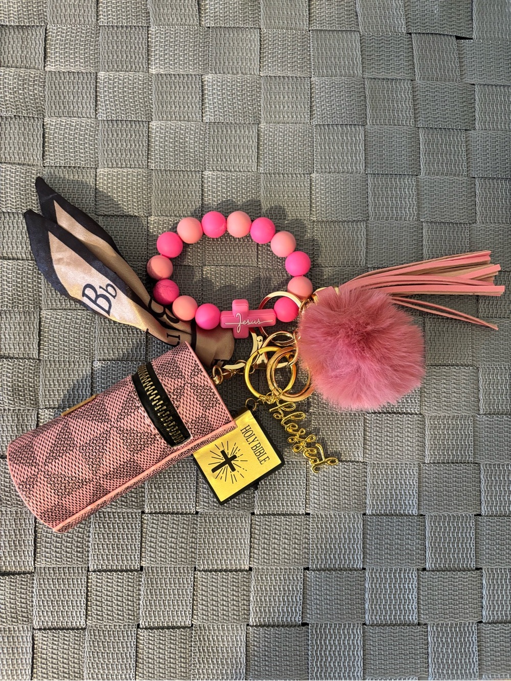 Pink Beaded Pom Pom Keychain Wristlet with Tassel and Charms